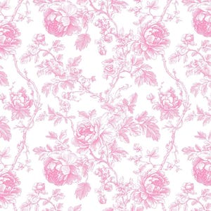Flat view of a repeating pink and white toile fabric with detailed sketches of roses and leaves.