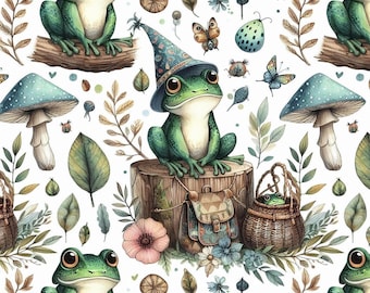 Forest Fabric with Whimsical Frog Print, Nature-Themed Textile for Kids' Clothing