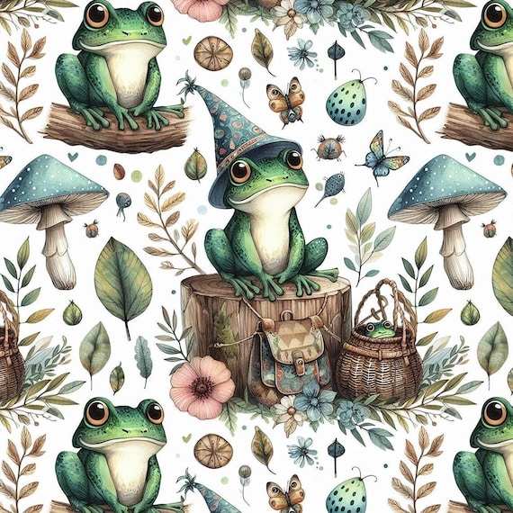 Forest Fabric with Whimsical Frog Print, Nature-Themed Textile for Kids' Clothing