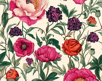 French Floral Peonies and Wildflowers Fabric Pattern - Soft, Lightweight, and Durable for Garments and Crafts