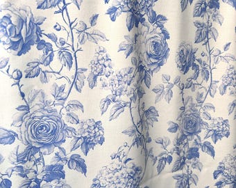blue toile fabric.  flower interior home decorating pattern with roses  and small flower. vintage style Aantique.  by the yard