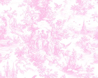 pink toile fabric. Vintage Classic  fabric of an English country garden on a white background.