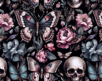 Floral Gothic and Skull Fabric. Dark garden. Crafting & Home Decor, Elegant Insect, Flower Pattern by the Yard