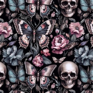 Stof met bloemen- en doodskopmotief, gotische print voor knutselen en woondecoratie.