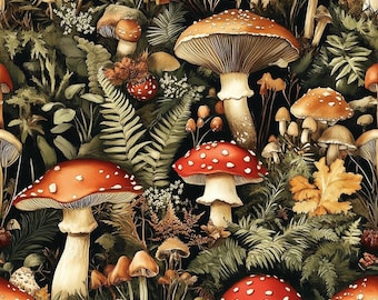Mushroom Fabric - Rustic Mushroom  -Dark Moody Botanical Mushroom Cottagecore Toadstool Woodland Fungus Fabric by the Yard