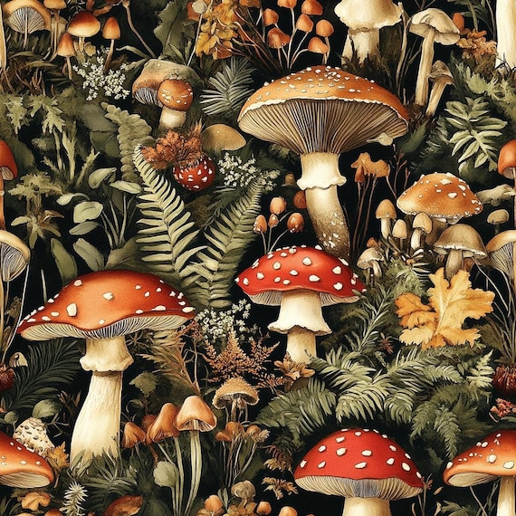 Mushroom Fabric - Rustic Mushroom  -Dark Moody Botanical Mushroom Cottagecore Toadstool Woodland Fungus Fabric by the Yard