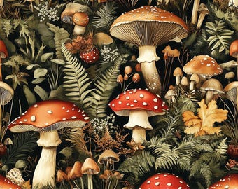Mushroom Fabric - Rustic Mushroom  -Dark Moody Botanical Mushroom Cottagecore Toadstool Woodland Fungus Fabric by the Yard