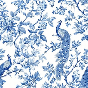 Blue Toile fabric.  french style toile pattern, leaves & peacocks, seamless fabric.