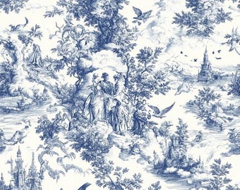 French blue toile  fabric of an English country garden in blue line on a white background. for toile Curtain, Napkin. Vintage Classic
