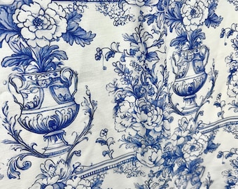Azulejo Fabric, Blue Floral Vase Print with Decorative Border