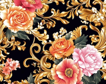 May include: A seamless pattern featuring a gold baroque design with pink, orange, and red flowers. The background is black.