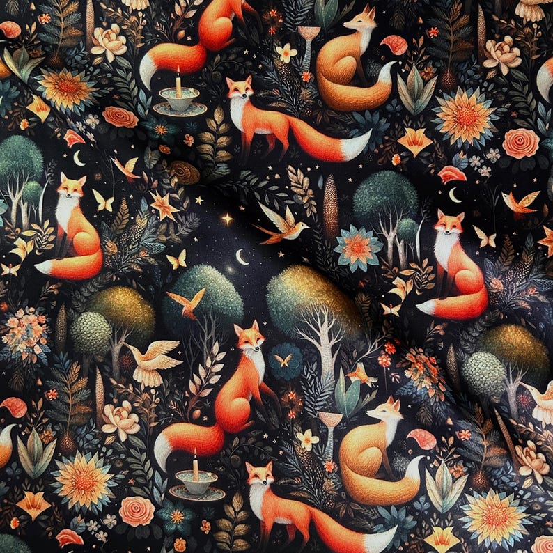 Op de afbeelding: Een zwarte achtergrond met een herhalend patroon van oranje vossen, bloemen en vogels. De vossen staan in verschillende poses, sommige zitten, sommige staan en sommige rennen. De bloemen zijn in verschillende kleuren, waaronder roze, paars en geel. De vogels vliegen in de lucht.