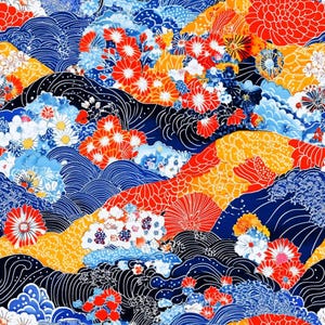 Japanese red and blue kimono print pattern