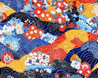Japanese red and blue kimono print pattern