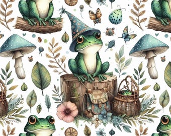 Whimsical Frog Woodland Fabric – Cute Forest Creatures fabric by the Yard, Mushroom & Nature Print for kid’s clothes, home deco