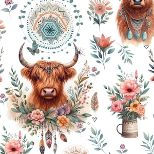 Boho Highland Cow Fabric – Floral Farmhouse fabric by the Yard, Rustic Animal Print for fashion, Crafts & Home Decor