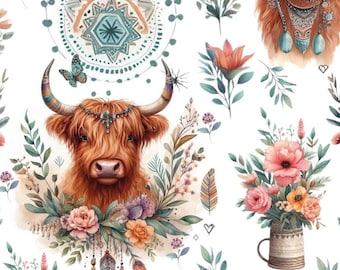 Boho Highland Cow Fabric – Floral Farmhouse fabric by the Yard, Rustic Animal Print for fashion, Crafts & Home Decor