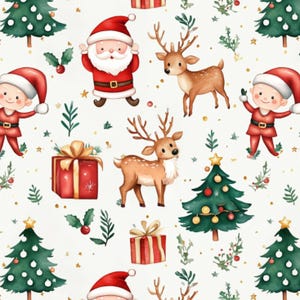 Santa fabric. deer tree gift Fabric Santa Claus Winter Christmas reindeer Fabric by the Yard