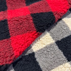 Christmas fabric. Red/Black, Taupe/Charcoal Checkered Sherpa Fur Fabric / 100% Poly