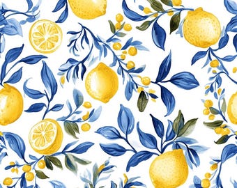 Italiaanse stof. print, citroenboom, modestof, speciaal ontwerp, zomerstof, kleding, woondecoratiestof.