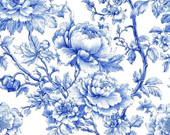 Blue Floral Toile Fabric – Vintage Botanical Pattern on White, Elegant French  Textile, DIY & Home Decor Material