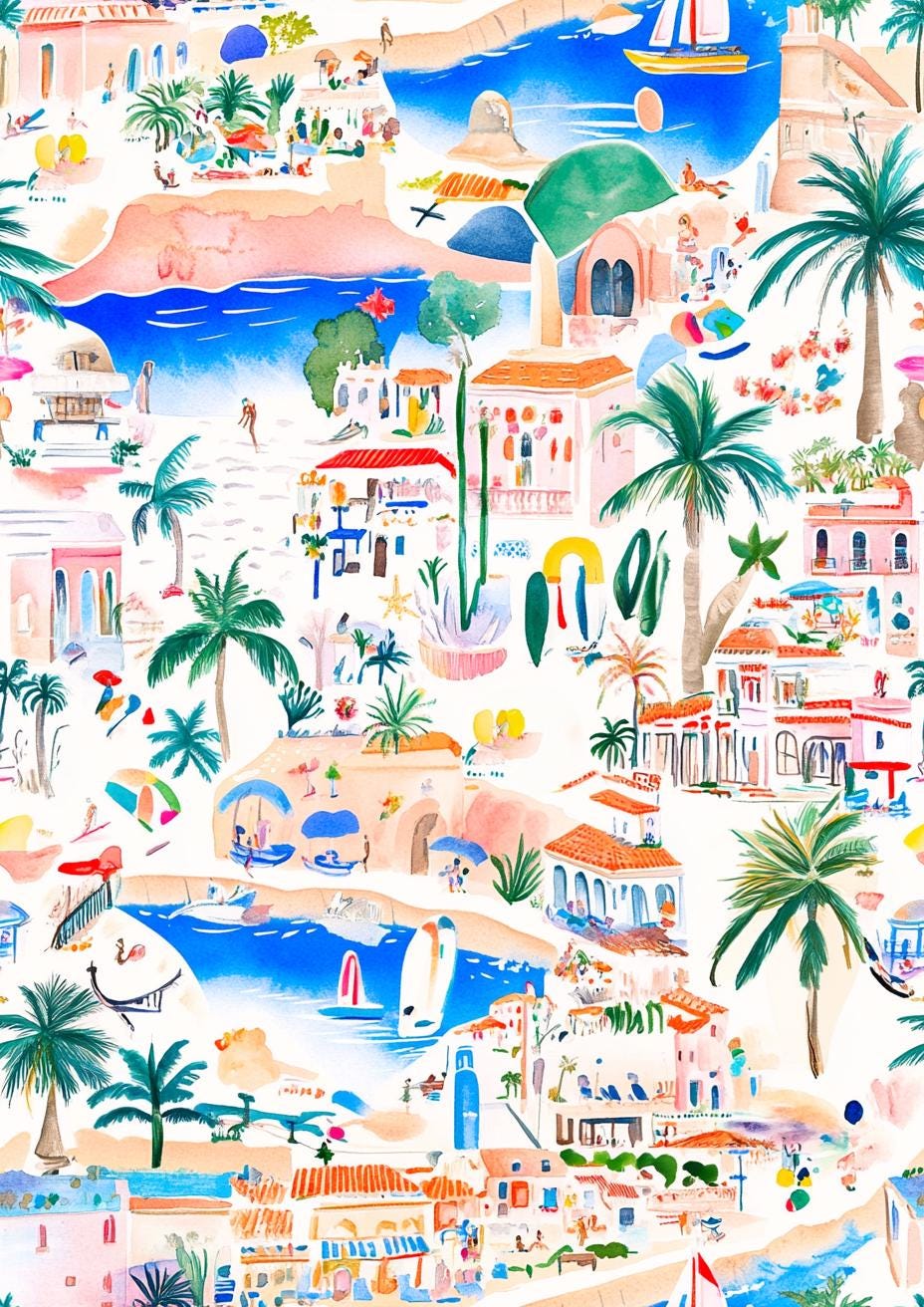 italienischer Stoff. “Mediterran Beach Village” Stoff – Lebhafter Küstenstoff Schüttgut, Seaside Aquarelldruck für Wohndeko und Mode