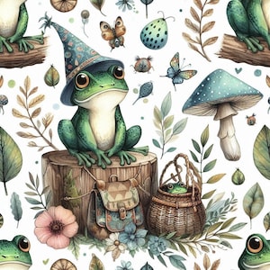 A repeating pattern features a green frog in a wizard hat sitting on a tree stump, surrounded by mushrooms, butterflies, and leaves on a white background.