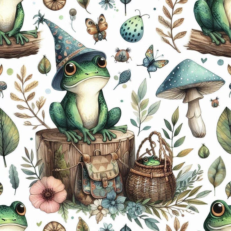 A repeating pattern features a green frog in a wizard hat sitting on a tree stump, surrounded by mushrooms, butterflies, and leaves on a white background.