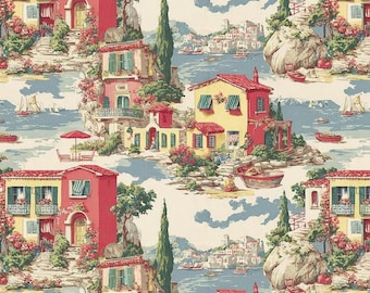 Italian Fabric, Nautical Landscape Print for Sewing and Home Decor
