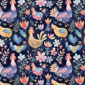 Tissu poulet - coton de basse-cour coloré fantaisiste sur bleu marine, imprimés de coq et de fleurs pour la mode, les travaux manuels et la décoration