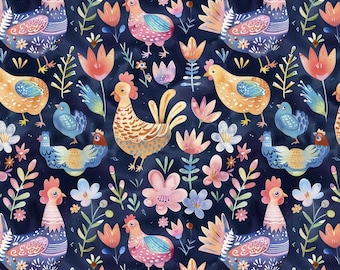 Chicken Fabric – Whimsical Colorful Farmyard Cotton on Navy Blue, Rooster & Flower Print for fashion, Crafts and Decor