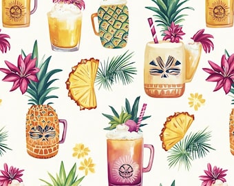 hawaiian tiki cup fabric. illustration, repeating pattern fabric by yard