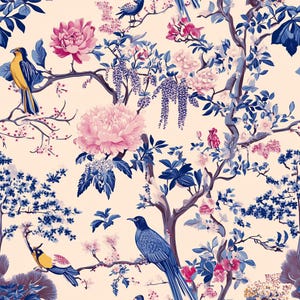 Chinoiserie fabric, enchanted forest. Wisteria Bird Fabric – Colorful Botanical fabric by the Yard, Floral Garden for home deco, craft