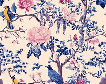 Chinoiserie Stoff, verzauberter Wald. Wisteria Bird Fabric - Bunte botanische Stoff Masse Lager, Blumengarten für Wohndeko, Handwerk
