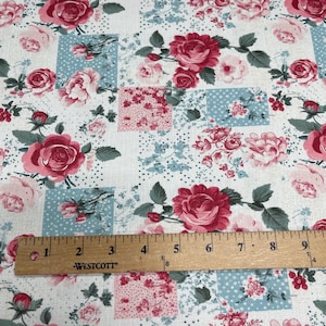 Vintage Rose Patchwork Fabric – Romantic Floral Print in Red, Pink and Blue for Crafts & Decor