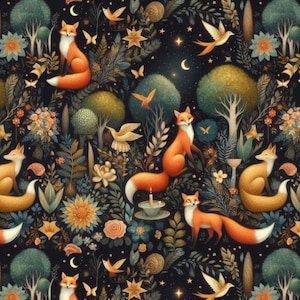 Op de afbeelding: Een fantasievolle illustratie met oranje vossen, vogels en bloemen op een donkere achtergrond. De vossen zijn afgebeeld in een bosrijke omgeving met verschillende planten en bomen. De illustratie zit vol met ingewikkelde details en een vleugje magie.