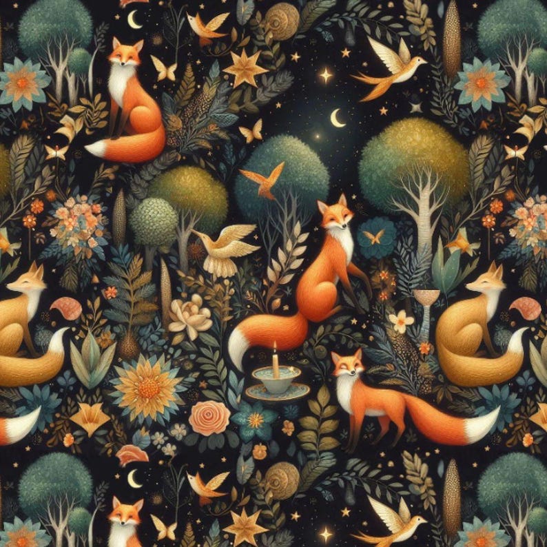 Op de afbeelding: Een fantasievolle illustratie met oranje vossen, vogels en bloemen op een donkere achtergrond. De vossen zijn afgebeeld in een bosrijke omgeving met verschillende planten en bomen. De illustratie zit vol met ingewikkelde details en een vleugje magie.