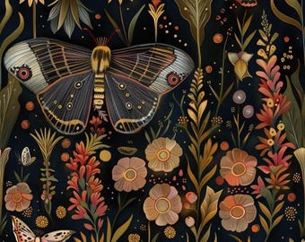 Butterfly Fabric - Rustic butterfly  - Moody Botanical butterfly Cottagecore Toadstool Woodland Fungus Fabric by the Yard