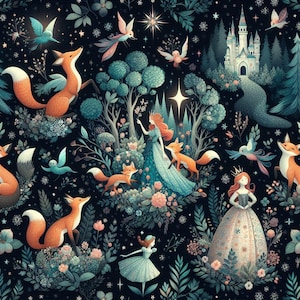 Fairytale Forest Fabric – Whimsical Princess & Fox fabric by the Yard, Enchanted Castle Scene for fashion, home deco, Craft Projects.