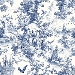 French blue toile  fabric of an English country garden in blue line on a white background. for toile Curtain, Napkin. Vintage Classic