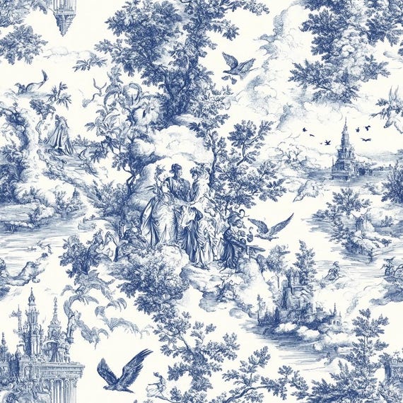 French blue toile  fabric of an English country garden in blue line on a white background. for toile Curtain, Napkin. Vintage Classic