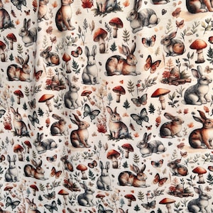 A close-up of fabric with a repeating pattern of rabbits, mushrooms, butterflies, and autumn leaves.