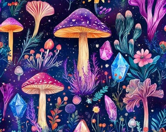 Whimsical Mushroom Crystal Fabric – Fantasy Botanical Print for deco and Crafts, clothing