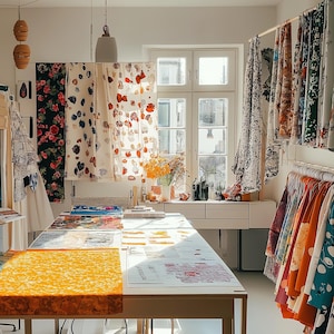 Op de afbeelding: Een witte tafel met verschillende kleurrijke stoffen die eroverheen gedrapeerd zijn. De stoffen hebben verschillende patronen, waaronder bloemen, geometrische en abstracte ontwerpen. De tafel staat in een kamer met een groot raam en een witte muur.