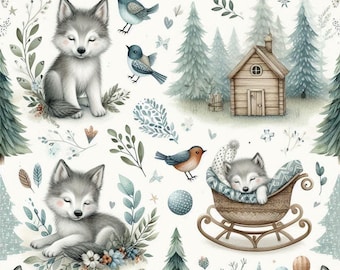 Woodland Fox Fabric, Fox and Bird Print for Baby Clothing and Nursery Decor