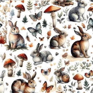 Rabbit Fabric with Woodland Bunny Print, Botanical by the Yard for Crafts