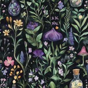 Tessuto con erbe magiche. Tessuto con erbe botaniche acquerellate e fiori di campo - Tessuto floreale colorato tagliato su misura. Giardino vintage per moda e arredamento.