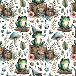 A seamless pattern shows multiple green frogs wearing wizard hats, sitting on tree stumps, with mushrooms, leaves, and butterflies on a white background.