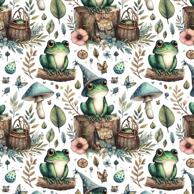 A seamless pattern shows multiple green frogs wearing wizard hats, sitting on tree stumps, with mushrooms, leaves, and butterflies on a white background.