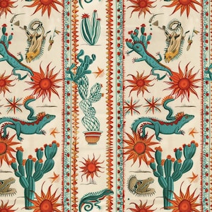 mexico pattern. Southwestern  Fabric – Vibrant Desert Print for Home Decor, Reptile Sun Pattern by the Yard